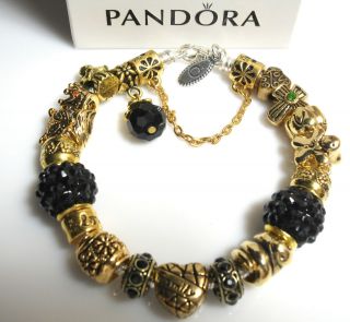   Pandora Bracelet Black & Gold Sophistication Golden Charms & Box
