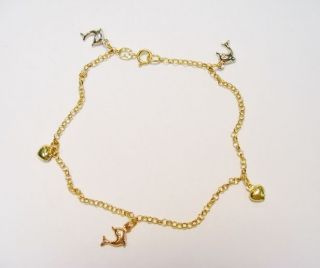   YELLOW ROSE WHITE GOLD DOLPHIN / HEART CHARM ANKLE ANKLET BRACELET