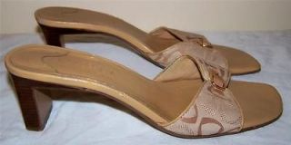   Liz Claiborne Size 6.5 6 ½ M Beige Gold Buckle Slides Heels Sandals