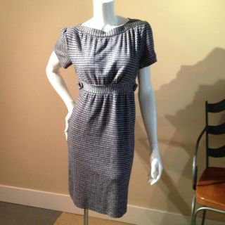   Moss Vintage Inspired Navy Houndstooth Cotton Blend Shift Dress Sz L