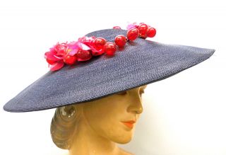   Navy Extra Wide Brim Straw Saucer Hat On Cap 1940S Poppies & Grapes