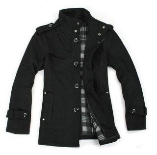 New Mens Funnel Neck Wool Military Coat Jacket Black Size S M L