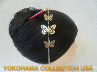   Gold tone Cho Cho Butterfly Design Kanzashi Red Stick Hair Ornament