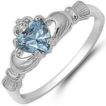 925 Sterling Silver Hands Holding Heart Aqua Blue Topaz CZ Claddagh 