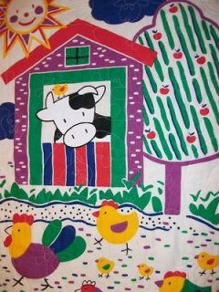 Handmade Bright Farm Baby Quilt   Farm Animals Quilted All Over   SEE 