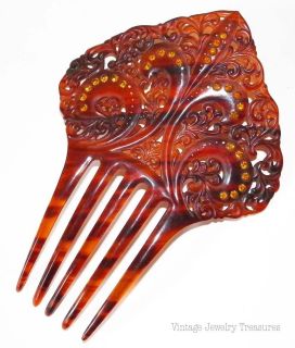 Vintage Large 5 Amber Rhinestone Faux Tortoise Celluloid Hair Comb