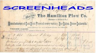 1874 LETTERHEAD Hamilton Ohio Plow Co. PLOWS HAY RAKES STRAW CUTTERS