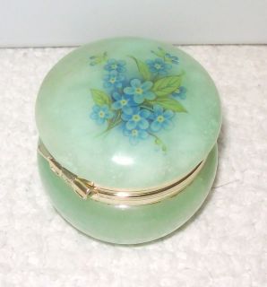   Genuine Alabaster Sm Trinket Holder Box Jade Color Blue Flowers Italy