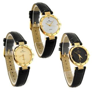 Golden Case Ultra Thin Watch Quartz Women Lady Crystals Leather Luxury 