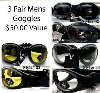 THREE pair foam lined Motorcyle GOGGLES FREE harley davidson decal 
