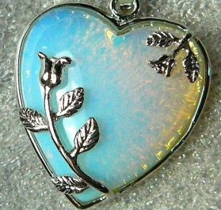 925 Sterling Silver Genuine White Fire Opal Rose Garden Heart Necklace 