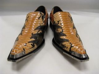 Fiesso New Brown Rust Croco Print Pointed Leather Shoes Metal Tip FI 