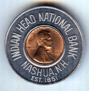   NASHUA, N.H. ENCASED CENT, INDIAN HEAD NATIONAL BANK 1953