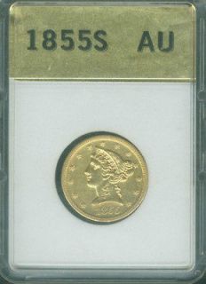 1855 S FIVE DOLLAR LIBERTY GOLD NO MOTTO ALMOST UNCIRCULATED AU 