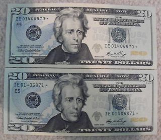   STAR NOTE SEQUENTIAL CONSECUTIVE SERIAL NUMBER 20 DOLLAR BILL LOT