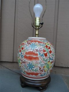 Asian Pottery GINGER JAR IMARI STYLE w/ Rosewood Base Ceramic Vintage 