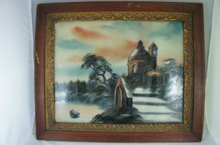 ANTIQUE REVERSE PAINTING/GLASS CHURCH/CASTLE ON LAKE WOODEN FRAME 