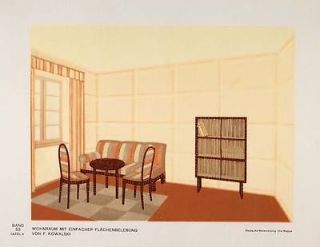 1933 Art Deco Room Design Sofa Bookcase Chairs Print   ORIGINAL