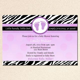   Purple Zebra Invitations Baby Shower Feet Tread Card Girl Invite