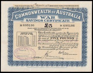 1941 WWII Australian War Savings Certificaive Five Pounds   Issued 