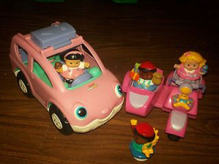 Fisher Price Little People pink car, pink scooter w/sidecar, 5 people 