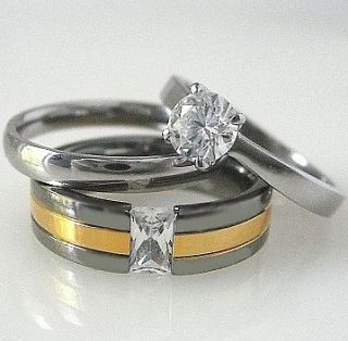   Hers TITANIUM STAINLESS STEEL WEDDING BAND RING SET MENS and WOMENS CZ