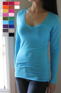 Women/Junior Plain Basic V Neck Cotton top Long SLEEVE T Shirt New 