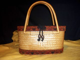 Basket Weave Straw Purse Pocket Book Handbag w/ Handles and Trim