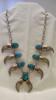 Sterling Silver, Turquoise, & Faux Bear Claw Necklace Signed Kenny Ray 