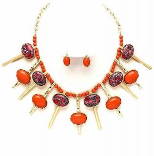   Tone Orange Coral Beads Spikey Statement Necklace and Earrings Set