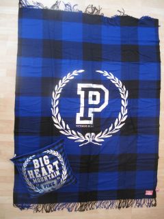 VICTORIAS SECRET PINK STADIUM BLANKET AND BLING PILLOW BLUE PLAID NEW
