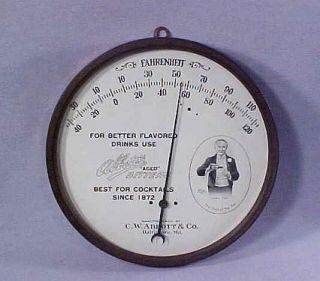   ANTIQUE ORG ABBOTTS AGED BITTERS ROUND THERMOMETER COPYRIGHT 1899