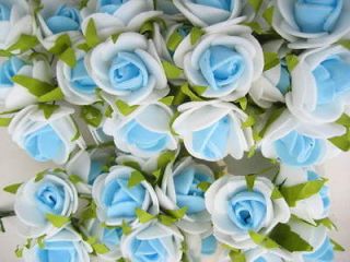 12 white+blue Roses Artificial Flower Heads Wedding Card Craft 1.2 
