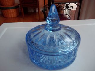 Vintage Blue Glass Diamond Cut Lidded Lid Candy Dish Bowl Compote