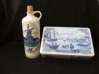 Delft Jug and Tin with Delft Scene, Windmill and Flowers