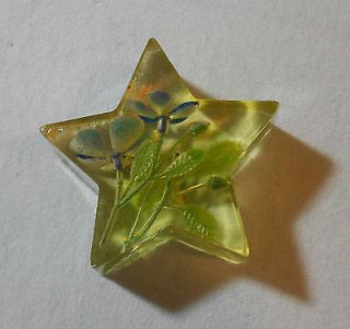   LUCITE PLASTIC PAPERWEIGHT PLASTIC BLUE FLOWERS INSIDE STAR SHAPPED