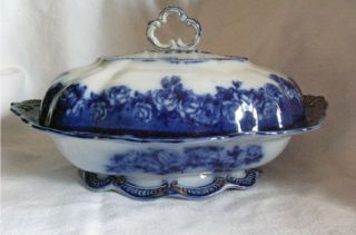 Flow Blue China Covered Casserole Dish w Roses & Gilt