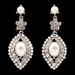 Bridal Wedding Crystal Rhinestone Pearl Elegant Dangle Earrings Silver 