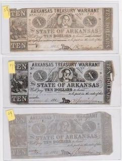 Lot of Three $10 Arkansas Treasury Warrants (1862 1864 1865)