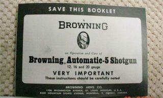Browning A5 Belgium 12,16,20 Gauge Shotgun Manual Dated 1967