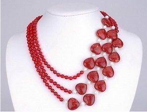 Three rows of red heart jade white pearl necklace 17, 19