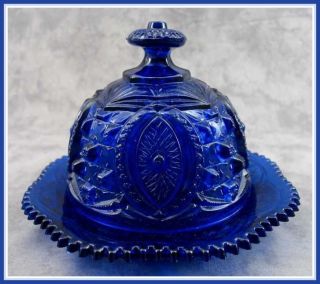 COBALT BLUE GLASS Large ROUND DOMED BUTTER DISH ~MEMPHIS DESIGN STYLE~