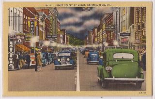 Bristol Virginia   Tennessee Postcard State Street at Night w/ Cars 