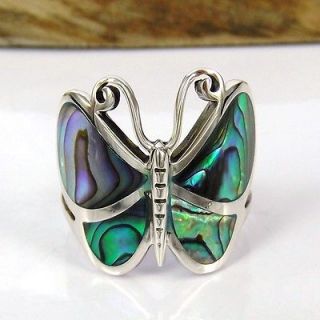 Big Green Abalone Butterfly .925 Silver Ring 8