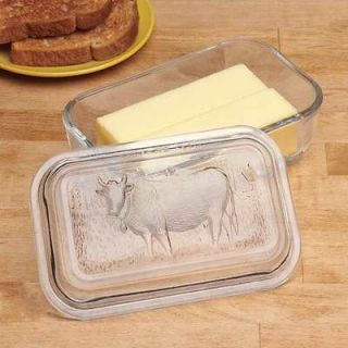 Pc COW DESIGN CLEAR GLASS BUTTER DISH holds 2 sticks of butter ~NEW~