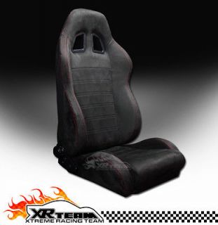 1x Universal V2 Simulated Suede Black & Red Stitch Racing Bucket Seat 