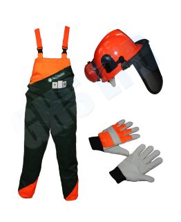 CHAINSAW SAFETY PROTECTION BIB & BRACE TROUSERS TYPE A, GLOVES 