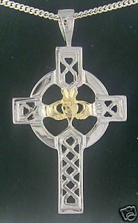   Gold Sterling Silver Claddagh Celtic Cross Pendant Necklace Irish f