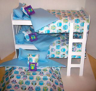 15 PC BLUE OWL BEDDING FITS YOUR18 AMERICAN GIRL DOLL BUNK TRUNDLE 