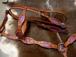 BRIDLE BREAST COLLAR WESTERN LEATHER HEADSTALL PURPLE HORSE TACK HS60